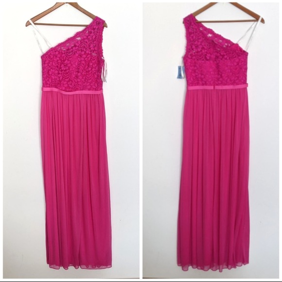 David's Bridal Long One Shoulder Lace Dress Begonia Pink Size 8 NEW - Picture 2 of 8